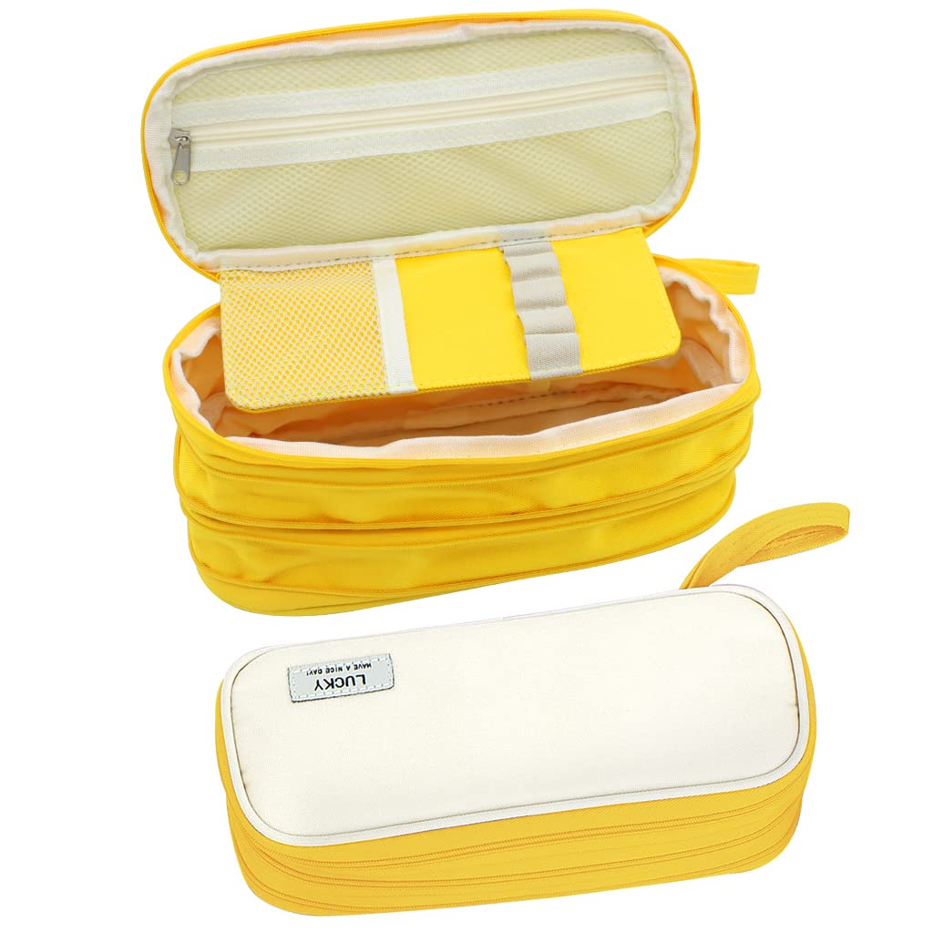 Climberty Large Capacity Pencil Case, Foldable Design Canvas Pencil Pouch with Zipper Compartments & Handle, 3 Layers of Storage 3 Zippers, Aesthetic Pencil Case for Girls Adults Studen (Yellow) Climberty Large Capacity Pencil Case, Foldable Design Canvas Pencil Pouch with Zipper Compartments & Handle, 3 Layers of Storage 3 Zippers, Aesthetic Pencil Case for Girls Adults Studen (Yellow)